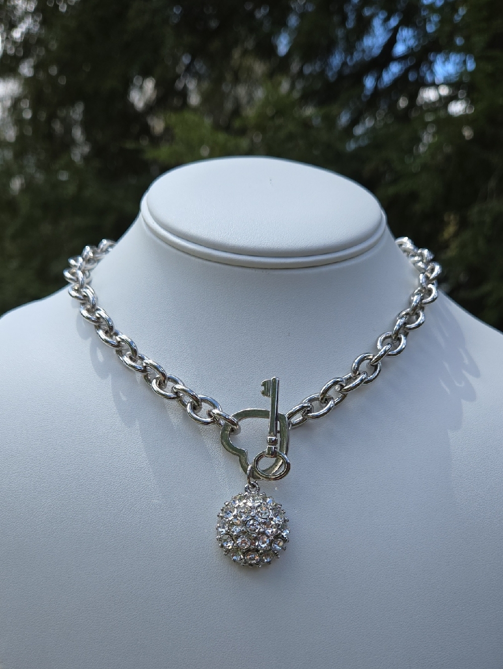Guess Silver-Tone Crystal Ball Heart Key Toggle Necklace - Women Jewelry - Picture 12 of 16